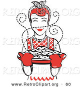 Retro Clipart of a Cheerful Red Haired Housewife Wearing an Apron and Oven Gloves, Smelling Fresh, Hot Chocolate Chip Cookies Right out of the Oven by Andy Nortnik