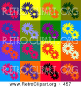 Retro Clipart of a Colorful Background of Red, Purple, Orange, Green, Blue, Black and White Flowers in Different Colored Squares by KJ Pargeter