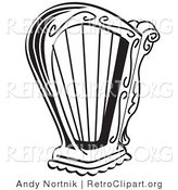 Retro Clipart of a Coloring Page of a Black and White Harp Instrument over a White Background by Andy Nortnik