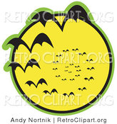 Retro Clipart of a Continuous Vortex Spiral of Black Halloween Vampire Bats Flying in Silhouette Against a Bright Full Yellow Moon and Slowly Disappearing in the Distance Clipart Illustration by Andy Nortnik