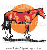 Retro Clipart of a Cute Brown Horse with White Feet Standing Against a Sunset by Andy Nortnik