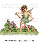 Retro Clipart of a Cute Cupid Playfully Running Through a Garden and Carrying a Garland of Flowers, Circa 1888 by OldPixels