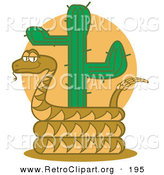 Retro Clipart of a Cute Rattlesnake Holding out His Rattle and Curled Around a Desert Cactus by Andy Nortnik