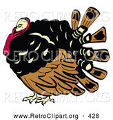 Retro Clipart of a Fat and Chubby Brown, Black and Red Turkey Bird with His Head Tucked in His Neck by Andy Nortnik