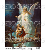 Retro Clipart of a Female Guardian Angel Protecting a Little Girl and Her Brother As They Cross over a River on a Narrow Dangerous Broken Bridge, Circa 1890 by OldPixels