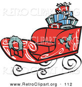 Retro Clipart of a Festive Red Sleigh Decorated with Holly and a Wreath, Carrying Presents by Andy Nortnik