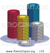 Retro Clipart of a Four Stacks of Red, Yellow, Blue and White Poker Chips in a Casino by Andy Nortnik