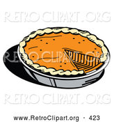 Retro Clipart of a Fresh Thanksgiving Pumpkin Pie in a Pan, Missing One Slice on White by Andy Nortnik