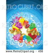 Retro Clipart of a Golden Star and Ribbons over a Bursting Island of Yellow, Purple, Orange, Red, Green and Blue Stars over a Gradient Blue Striped Retro Background of Circles and Butterflies by KJ Pargeter