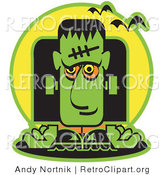 Retro Clipart of a Green Frankenstein on Halloween with Vampire Bats by Andy Nortnik