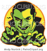 Retro Clipart of a Green Male Vampire with Dark Hair Slicked Back, Reaching Outwards While Grinning and Showing His Fangs As a Vampire Bat Flies in the Distance by Andy Nortnik