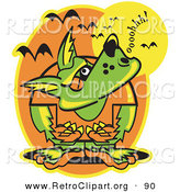 Retro Clipart of a Green Werewolf Howling at the Moon As Vampire Bats Fly Above by Andy Nortnik