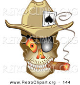 Retro Clipart of a Grinning Evil Skeleton Cowboy with an Ace of Spades in His Hat, Smoking a Cigar by Andy Nortnik