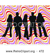 Retro Clipart of a Group of 5 Black Silhouetted People Standing over a Colorful Wavy Retro Background by KJ Pargeter