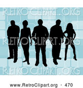 Retro Clipart of a Group of 5 Black Silhouetted People Standing over a Retro Blue Background with Rectangle Designs by KJ Pargeter