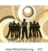 Retro Clipart of a Group of 5 Dark Brown Silhouetted People Standing over a Retro Brown and White Background with Circles by KJ Pargeter
