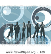 Retro Clipart of a Group of Dark Blue Silhouetted People Standing with Reflections over a Blue Retro Background with Circle Patterns by KJ Pargeter