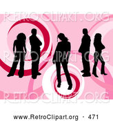 Retro Clipart of a Group of Five Black Silhouetted People Standing over a Retro Pink Circular Background with Circle Designs by KJ Pargeter