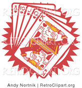 Retro Clipart of a Hand of Red Poker Playing Cards Including the Ace of Hearts, 10 of Hearts, Jack of Hearts, Queen of Hearts and King of Hearts by Andy Nortnik