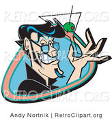 Retro Clipart of a Handsome Black Haired Man Grinning and Holding up a Martini Glass with an Olive Using Two Fingers by Andy Nortnik