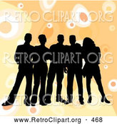 Retro Clipart of a Happy Group of Five Black Silhouetted Friends Standing over a Retro Orange Background with Circles by KJ Pargeter