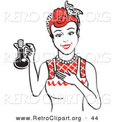 Retro Clipart of a Happy Housewife Woman in an Apron, Holding up a Bottle of Cooking Oil by Andy Nortnik