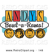 Retro Clipart of a Happy Man, Woman, Boy and Girl, Laughing and Having Fun on a Vintage "Andy's Bowl-A-Rama!" Sign by Andy Nortnik