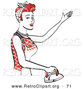Retro Clipart of a Happy Red Haired Housewife or Maid Woman Singing While Ironing Clothes and Doing the Laundry by Andy Nortnik