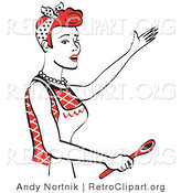 Retro Clipart of a Happy Red Head Housewife or Maid Woman in an Apron, Singing and Using a Spoon While Baking in the Kitchen by Andy Nortnik