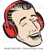 Retro Clipart of a Happy Young Man Wearing Ear Red Muffs and Singing Christmas Carols by Andy Nortnik