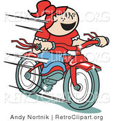 Retro Clipart of a Happy Young Red Haired Girl Speeding Downhill on Her Brand New Red Bike by Andy Nortnik