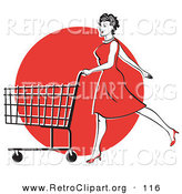 Retro Clipart of a Happy Young Woman in a Red Dress and High Heels, Walking and Pushing a Shopping Cart in Front of a Red Circle by Andy Nortnik
