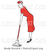 Retro Clipart of a Hard Working Red Haired Housewife or Maid Woman in a Long Red Dress and High Heels Using a Mop to Clean the Floors by Andy Nortnik