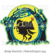 Retro Clipart of a Headless Horseman Holding His Pumpkin Head up High As His Horse Rears up in a Haunted Forest of Evil Trees, Silhouetted Against the Full Moon by Andy Nortnik