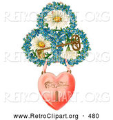 Retro Clipart of a Heart Locket Suspended from Rings of Blue Flowers Around White Daisies with a Gold Skeleton Key Circa 1890, on White by OldPixels