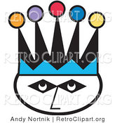 Retro Clipart of a Joker's Face Wearing a Jester Hat with Colorful Poms by Andy Nortnik