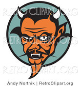 Retro Clipart of a Mean Old Orange Male Devil with Fangs and Horns by Andy Nortnik