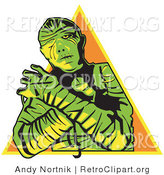 Retro Clipart of a Mummy Wrapped up with His Arms Crossed in Front of Him and Cast in Green and Yellow Hues over an Orange Pyramid by Andy Nortnik