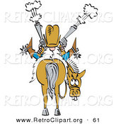 Retro Clipart of a Nervous Buck Toothed Tan Horse Looking Back at a Crazy Cowboy That Is Sitting on His Back and Shooting Two Pistils by Andy Nortnik