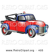 Retro Clipart of a New Vintage Blue and Red 1953 Chevy Tow Truck with a Light on Top of the Roof by Andy Nortnik