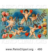 Retro Clipart of a Old Fashioned Vintage Valentine of Five Playful Cupids with Roses, Decorated "To My Valentine" Text with Red Hearts, Circa 1911 by OldPixels