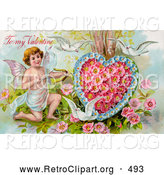 Retro Clipart of a Old Fashioned Vintage Valentine of Three White Doves Flying Around Cupid Aiming an Arrow at a Heart Made of Pink Poppies and Blue Forget Me Nots, Circa 1910 by OldPixels