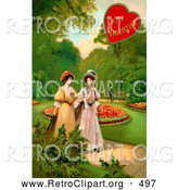 Retro Clipart of a Old Fashioned Vintage Valentine of Two Ladies Strolling Through a Garden and Talking About a Man in the Background by OldPixels