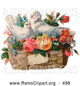 Retro Clipart of a Old Fashioned Vintage Valentine of Two White Doves Nesting in a Basket of Forget Me Nots and Roses, Circa 1890 by OldPixels