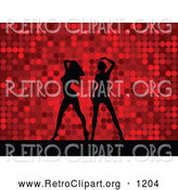 Retro Clipart of a Pair of Black Silhouetted Women Dancing over a Retro Red Dotted Background by KJ Pargeter