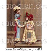 Retro Clipart of a Pair of Two Little Sisters at a Doorway, Smiling and Holding Hands, Circa 1880 by OldPixels