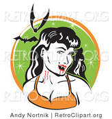 Retro Clipart of a Pale, Black Haired Smiling Female Vampire with Blood Dripping off of Her Fanges and onto Her Chin, Showing the Bite Marks on Her Neck While Two Bats Fly Above by Andy Nortnik
