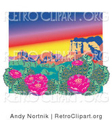 Retro Clipart of a Pink Flowering Cactus Plants in the Grand Canyon Desert by Andy Nortnik