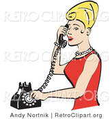 Retro Clipart of a Pretty Blond Housewife Woman with Tall Hair, Wearing Pearls and a Red Dress and Talking on a Rotary Dial Landline Telephone by Andy Nortnik