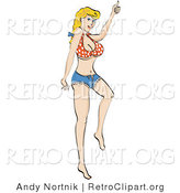 Retro Clipart of a Pretty Blond Woman Wearing a Small Red and White Polka Dot Halter Top and Daisy Duke Blue Jean Shorts, Hitchhiking for a Ride by Andy Nortnik